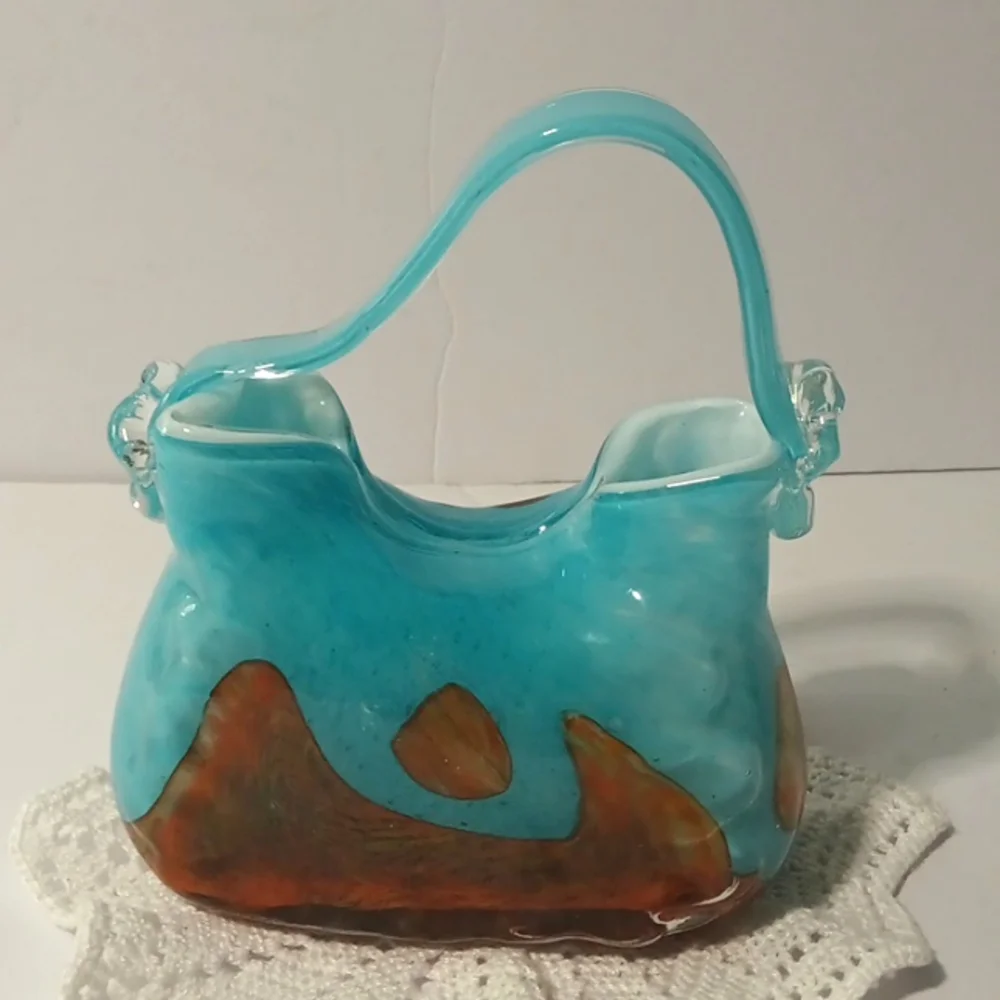 Glass Blue‎ With Gold Bronze Marks Handbag Bag Vase Purse Vintage